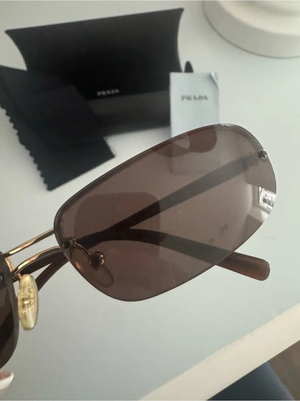 Prada Gold Frame Brown Lens Sunglasses with Case